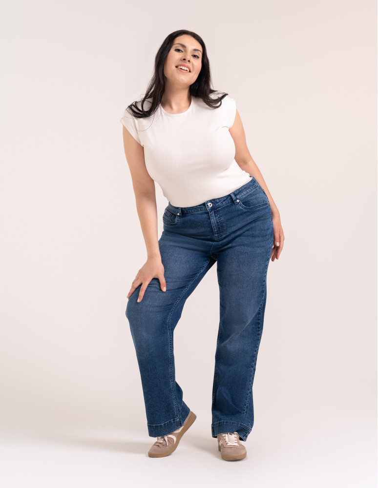 Jeansy - Jeansy damskie z miękkiego gładkiego denimu szeroki mankiet CIEMNY NIEBIESKI - produkt moraj.pl 11