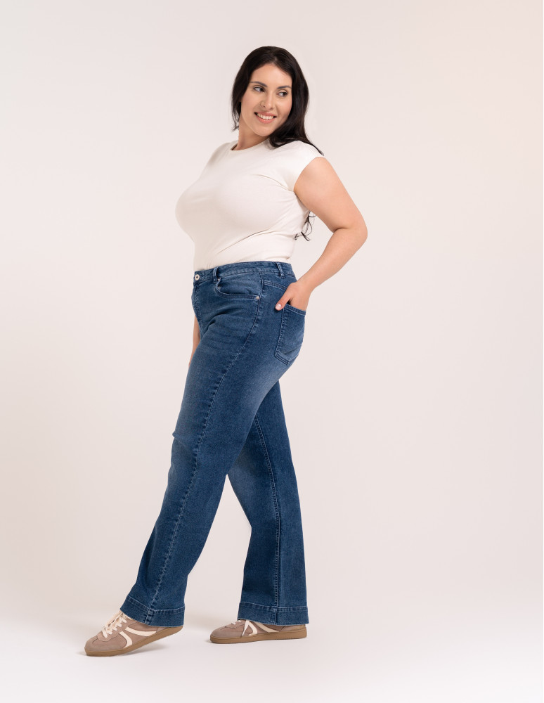 Jeansy - Jeansy damskie z miękkiego gładkiego denimu szeroki mankiet CIEMNY NIEBIESKI - produkt moraj.pl 13