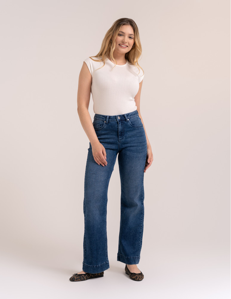 Jeansy - Jeansy damskie z miękkiego gładkiego denimu szeroki mankiet CIEMNY NIEBIESKI - produkt moraj.pl 3