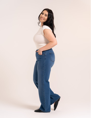 Jeansy - Jeansy damskie Wide Leg wygodne z wysokim stanem i z szeroką nogawką NIEBIESKI - produkt 3