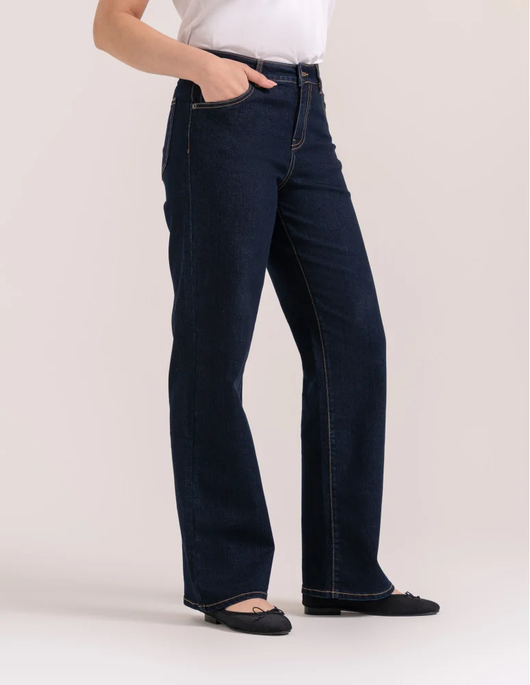 Jeansy - Jeansy damskie Wide Leg wygodne z wysokim stanem i z szeroką nogawką GRANATOWY - produkt moraj.pl 4