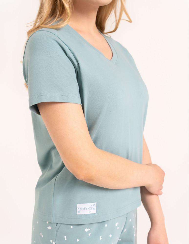 Piżamy z krótkim rękawem - Dwuczęściowa piżama damska wzór w kwiatuszki wygodna z krótkim rękawem ZIELONY - produkt moraj.pl 4