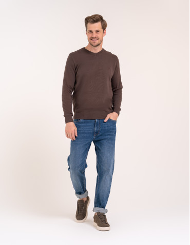 Męski sweter 100% bawełniany klasyczny o prostym kroju - Ciemny brązowy - produkt 2