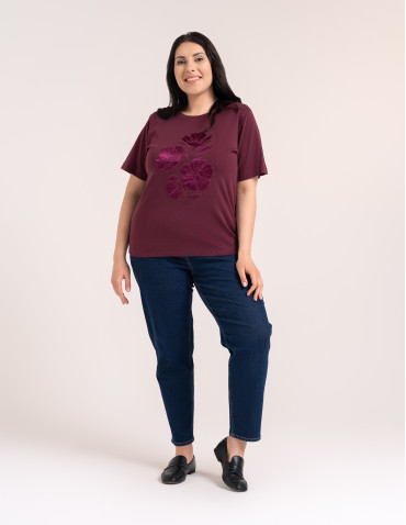 Bluzka damska oversize bawełniana z aplikacją kwiatową krótki rękaw wygodny luźny t-shirt damski