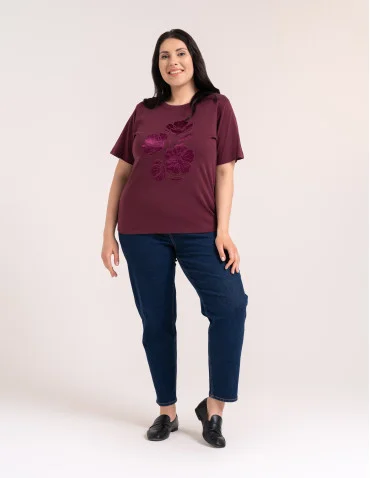 Bluzka damska oversize bawełniana z aplikacją kwiatową krótki rękaw wygodny luźny t-shirt damski - FIOLETOWY