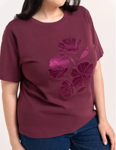 Bluzka damska oversize bawełniana z aplikacją kwiatową krótki rękaw wygodny luźny t-shirt damski - FIOLETOWY - produkt 2