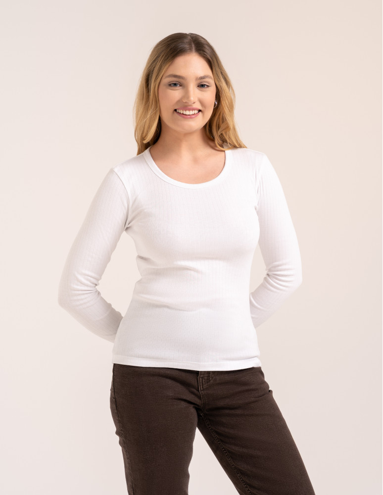 Bluzka damska z długim rękawem bawełna organiczna prążkowana koszulka longsleeve dopasowana gładka BIAŁY