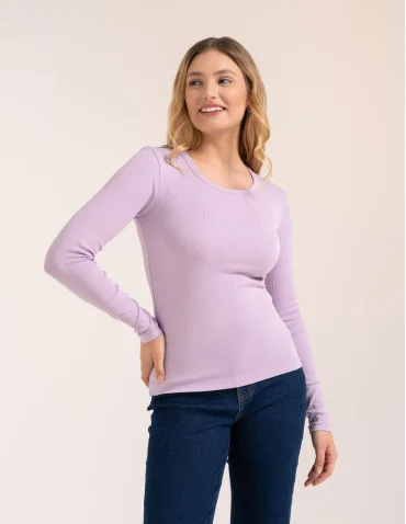 Bluzka damska z długim rękawem bawełna organiczna prążkowana koszulka longsleeve dopasowana gładka