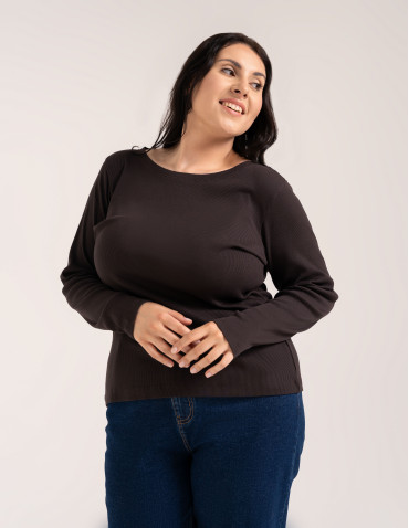 Bluzki z długim rękawem - Bluzka damska bawełniana w prążek longsleeve CIEMNY BRĄZ - produkt 9