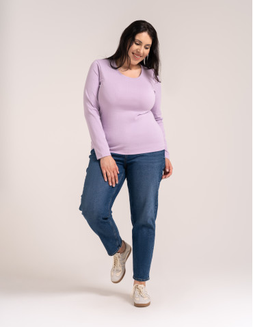Bluzki z długim rękawem - Bluzka damska z długim rękawem bawełna organiczna prążkowana koszulka longsleeve dopasowana gładka FIOLETOWY - produkt 7