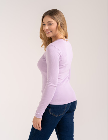 Bluzki z długim rękawem - Bluzka damska z długim rękawem bawełna organiczna prążkowana koszulka longsleeve dopasowana gładka FIOLETOWY - produkt 4