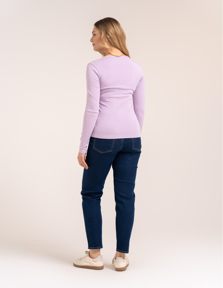 Bluzki z długim rękawem - Bluzka damska z długim rękawem bawełna organiczna prążkowana koszulka longsleeve dopasowana gładka FIOLETOWY - produkt moraj.pl 5