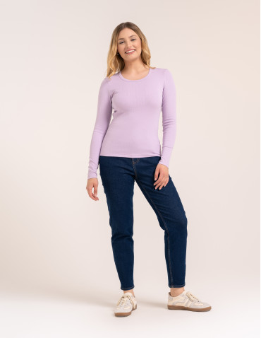 Bluzki z długim rękawem - Bluzka damska z długim rękawem bawełna organiczna prążkowana koszulka longsleeve dopasowana gładka FIOLETOWY - produkt 6