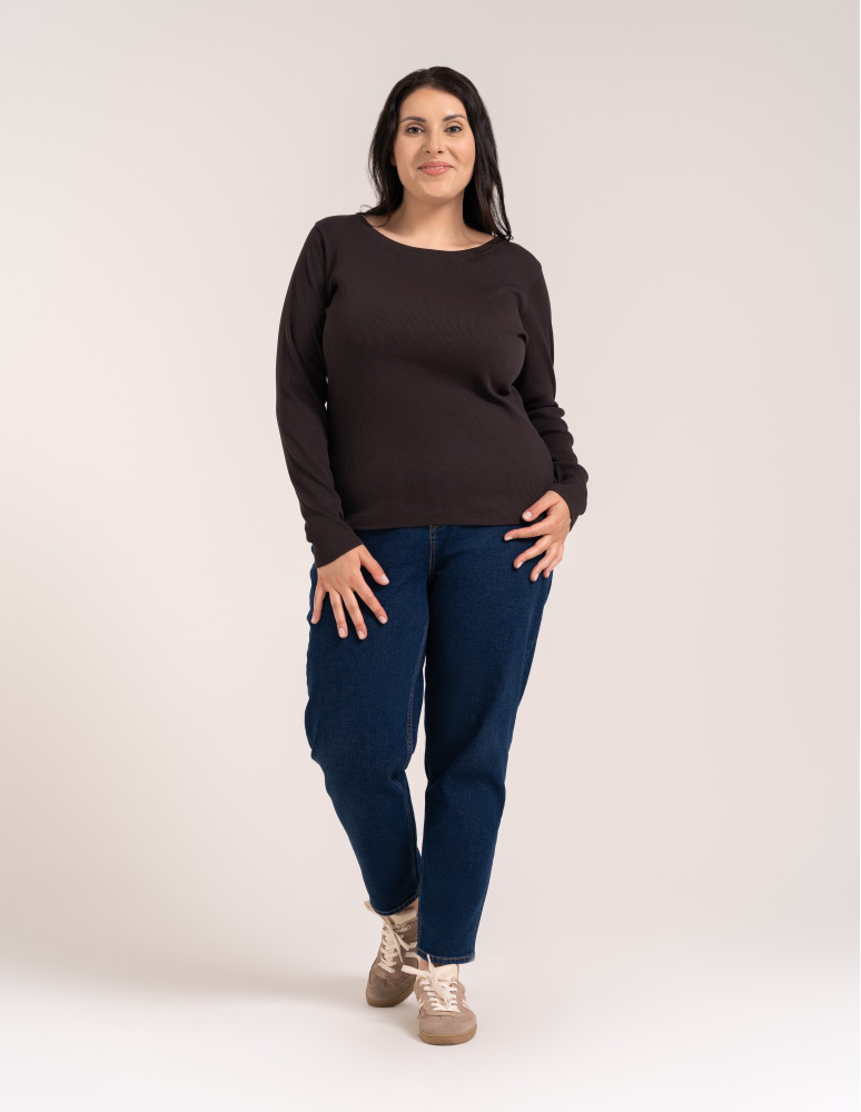 Bluzki z długim rękawem - Bluzka damska bawełniana w prążek longsleeve CIEMNY BRĄZ - produkt moraj.pl 8