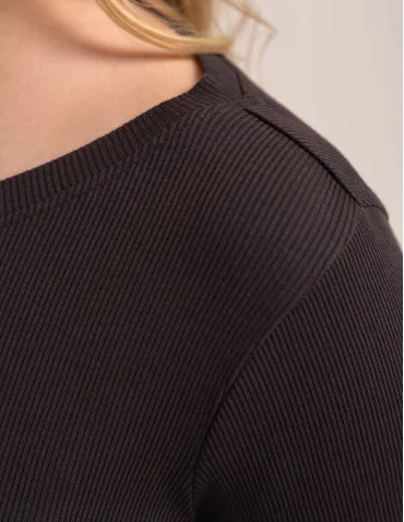 Bluzka damska bawełniana w prążek longsleeve - CIEMNY BRĄZ - produkt 2