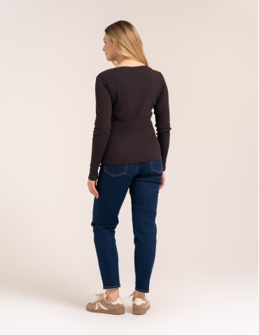 Bluzki z długim rękawem - Bluzka damska bawełniana w prążek longsleeve CIEMNY BRĄZ - produkt 7