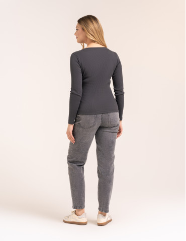 Bluzki z długim rękawem - Bluzka damska bawełniana w prążek longsleeve CIEMNY SZARY - produkt 5