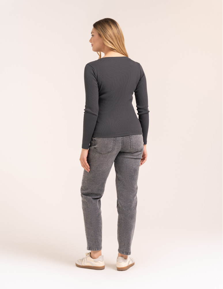 Bluzki z długim rękawem - Bluzka damska bawełniana w prążek longsleeve CIEMNY SZARY - produkt moraj.pl 5