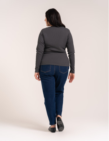 Bluzki z długim rękawem - Bluzka damska bawełniana w prążek longsleeve CIEMNY SZARY - produkt 10