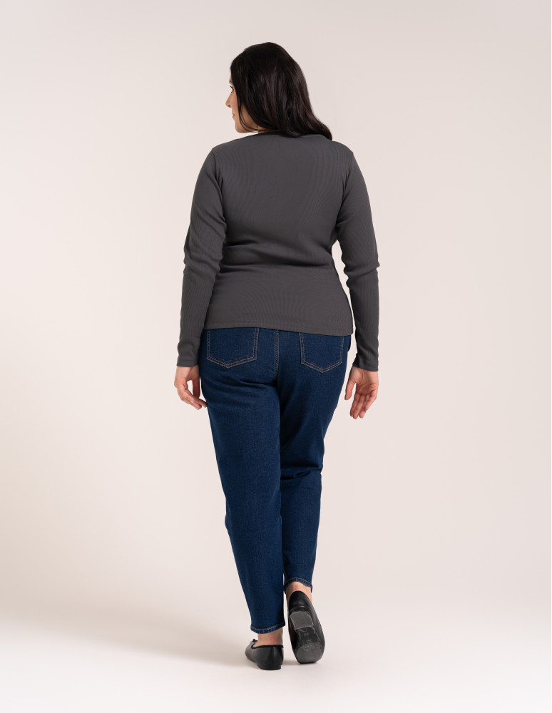 Bluzki z długim rękawem - Bluzka damska bawełniana w prążek longsleeve CIEMNY SZARY - produkt moraj.pl 10