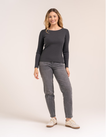 Bluzki z długim rękawem - Bluzka damska bawełniana w prążek longsleeve CIEMNY SZARY - produkt 3