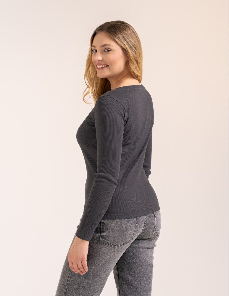 Bluzki z długim rękawem - Bluzka damska bawełniana w prążek longsleeve CIEMNY SZARY - produkt moraj.pl 4
