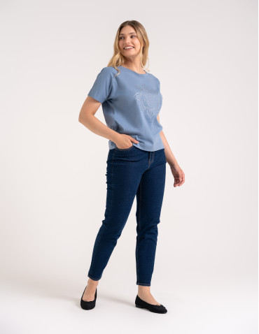 Bluzki z krótkim rękawem - Bluzka damska kimono bawełniana krój boxy z opadającym rękawem delikatny nadruk kwiatowy luźny t-shirt damski BLUE - produkt 3