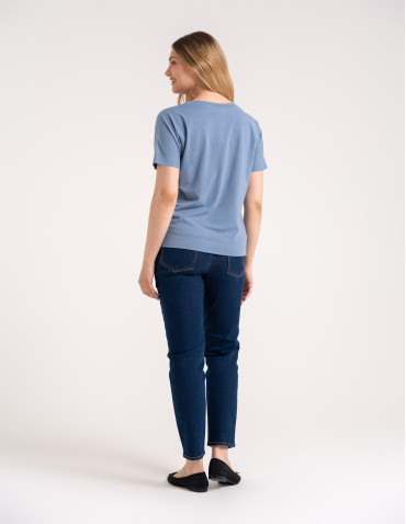 Bluzki z krótkim rękawem - Bluzka damska kimono bawełniana krój boxy z opadającym rękawem delikatny nadruk kwiatowy luźny t-shirt damski BLUE - produkt 4