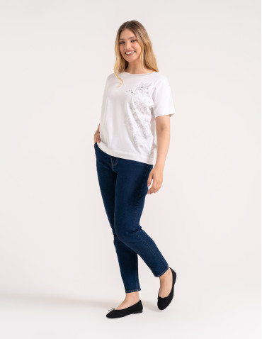 Bluzki z krótkim rękawem - Bluzka damska kimono bawełniana krój boxy z opadającym rękawem delikatny nadruk kwiatowy luźny t-shirt damski BIAŁY - produkt 3
