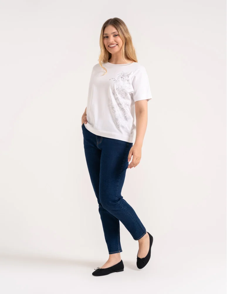 Bluzki z krótkim rękawem - Bluzka damska kimono bawełniana krój boxy z opadającym rękawem delikatny nadruk kwiatowy luźny t-shirt damski BIAŁY - produkt moraj.pl 3