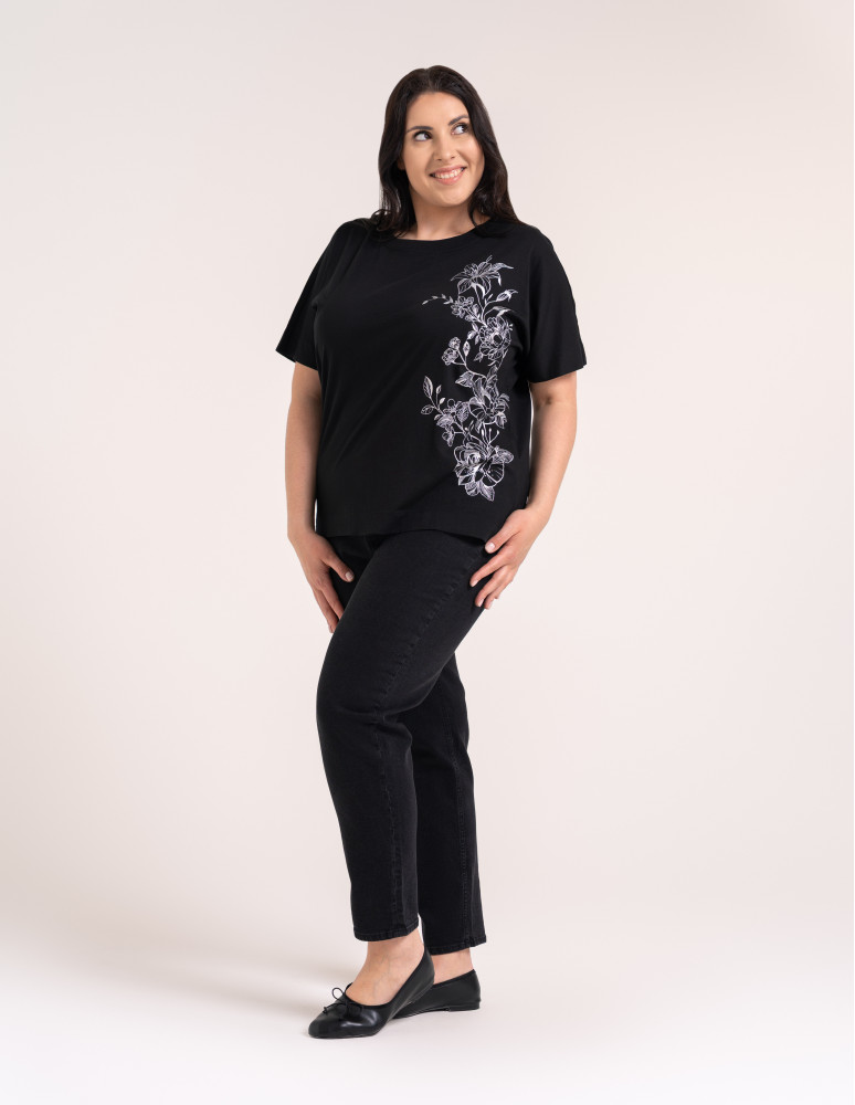Bluzki z krótkim rękawem - Bluzka damska kimono bawełniana krój boxy z opadającym rękawem delikatny nadruk kwiatowy luźny t-shirt damski BLACK - produkt moraj.pl 7
