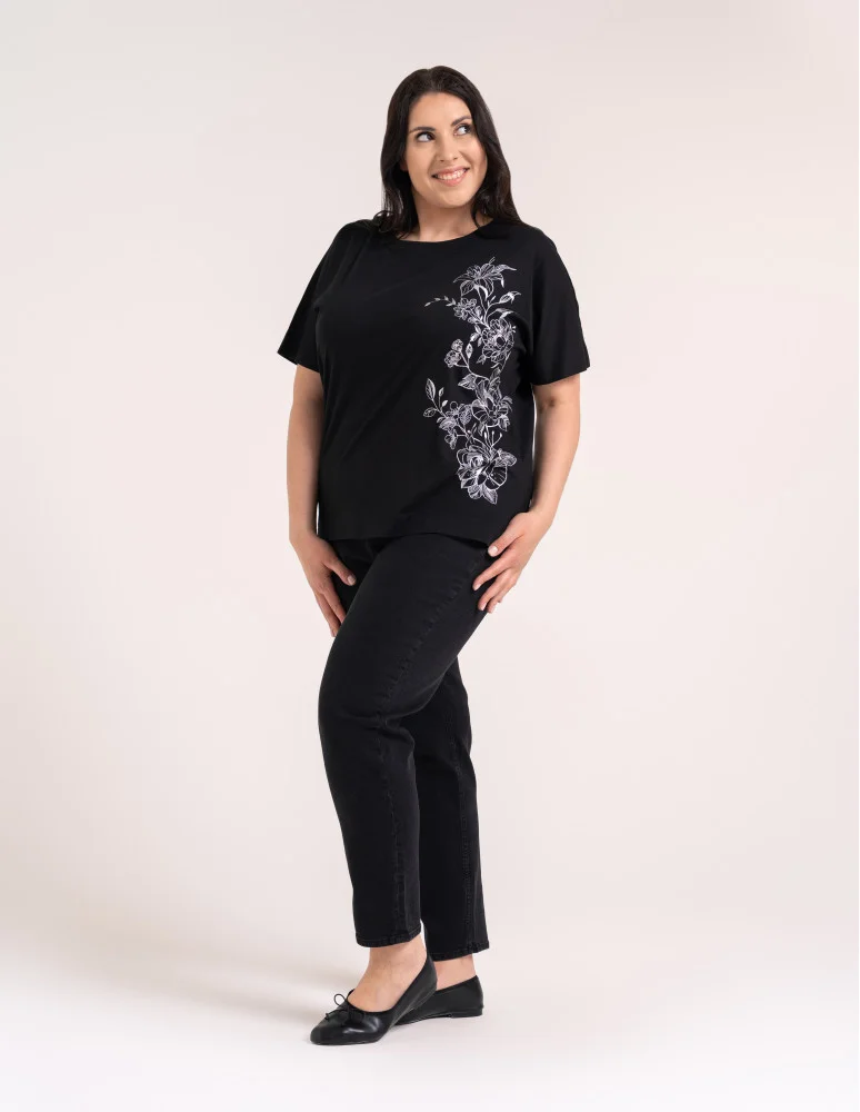 Bluzki z krótkim rękawem - Bluzka damska kimono bawełniana krój boxy z opadającym rękawem delikatny nadruk kwiatowy luźny t-shirt damski CZARNY  - produkt moraj.pl 7