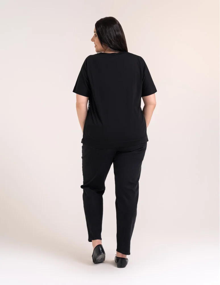 Bluzki z krótkim rękawem - Bluzka damska kimono bawełniana krój boxy z opadającym rękawem delikatny nadruk kwiatowy luźny t-shirt damski CZARNY  - produkt moraj.pl 10