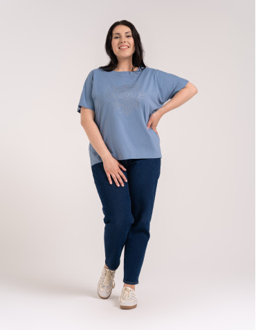 Bluzki z krótkim rękawem - Bluzka damska kimono bawełniana krój boxy z opadającym rękawem delikatny nadruk kwiatowy luźny t-shirt damski BLUE - produkt 9