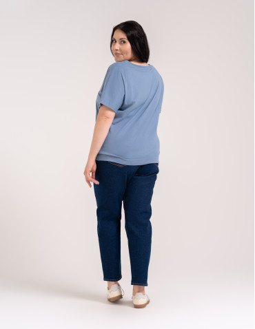 Bluzki z krótkim rękawem - Bluzka damska kimono bawełniana krój boxy z opadającym rękawem delikatny nadruk kwiatowy luźny t-shirt damski BLUE - produkt 13