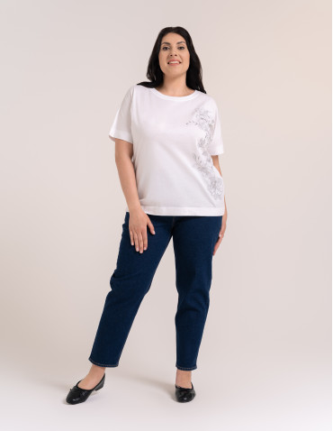 Bluzki z krótkim rękawem - Bluzka damska kimono bawełniana krój boxy z opadającym rękawem delikatny nadruk kwiatowy luźny t-shirt damski BIAŁY - produkt 12