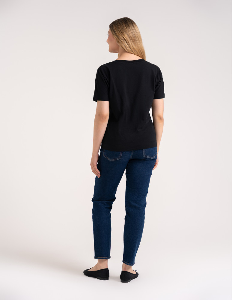 Bluzki z krótkim rękawem - Bluzka damska kimono bawełniana krój boxy z opadającym rękawem delikatny nadruk kwiatowy luźny t-shirt damski BLACK - produkt moraj.pl 5