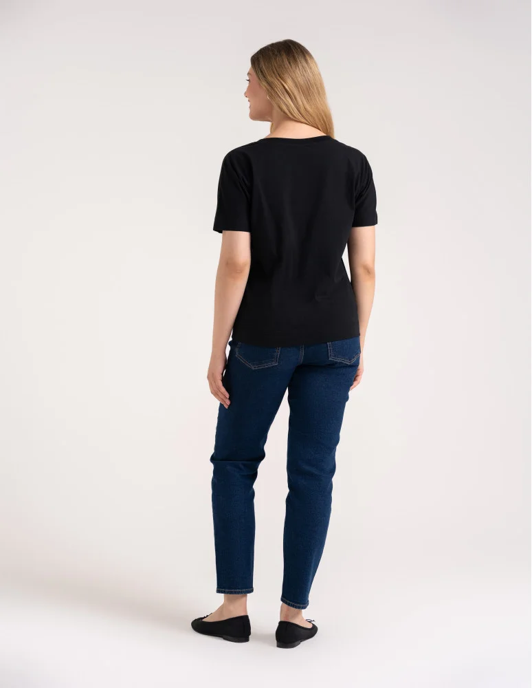 Bluzki z krótkim rękawem - Bluzka damska kimono bawełniana krój boxy z opadającym rękawem delikatny nadruk kwiatowy luźny t-shirt damski CZARNY  - produkt moraj.pl 5
