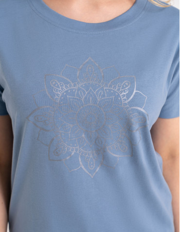 Bluzki z krótkim rękawem - Bluzka damska kimono bawełniana krój boxy z opadającym rękawem delikatny nadruk kwiatowy luźny t-shirt damski BLUE - produkt 7