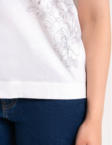Bluzki z krótkim rękawem - Bluzka damska kimono bawełniana krój boxy z opadającym rękawem delikatny nadruk kwiatowy luźny t-shirt damski BIAŁY - produkt 11
