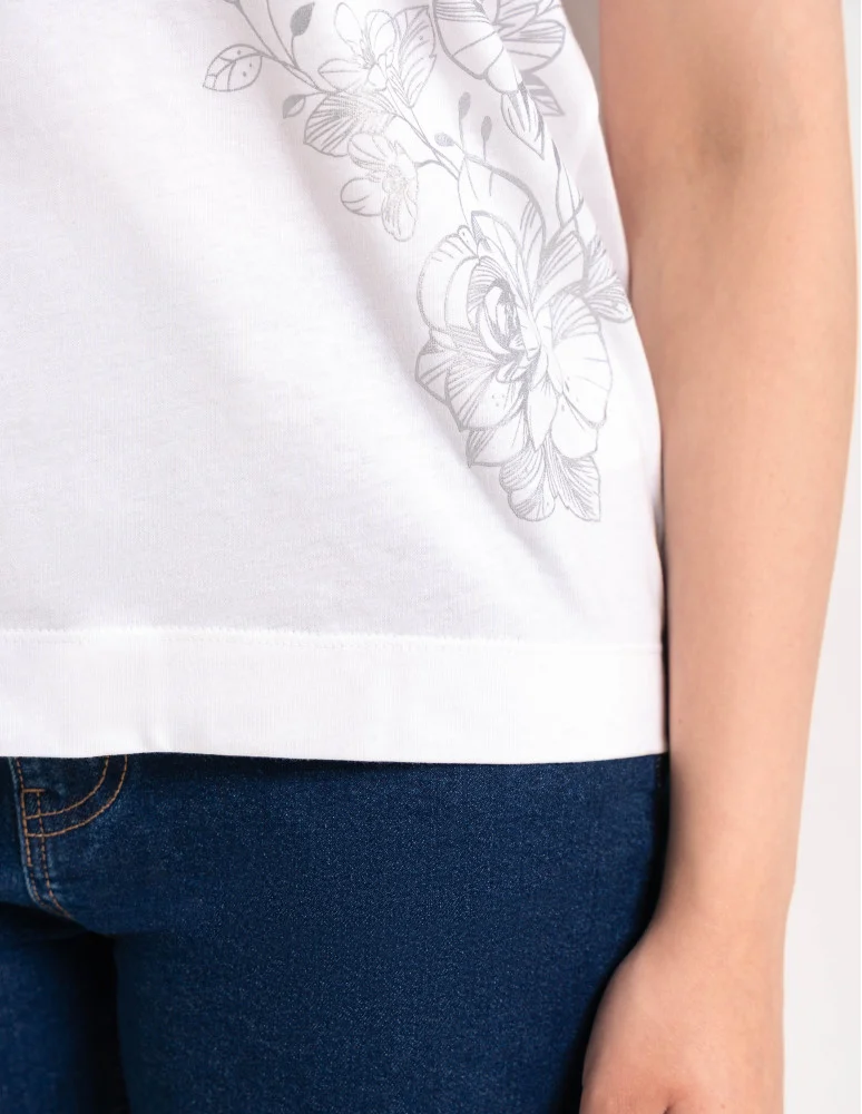 Bluzki z krótkim rękawem - Bluzka damska kimono bawełniana krój boxy z opadającym rękawem delikatny nadruk kwiatowy luźny t-shirt damski BIAŁY - produkt moraj.pl 11