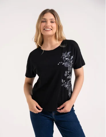 Bluzki z krótkim rękawem - Bluzka damska kimono bawełniana krój boxy z opadającym rękawem delikatny nadruk kwiatowy luźny t-shirt damski CZARNY - produkt 1