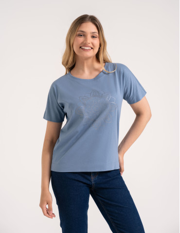 Bluzka damska kimono bawełniana krój boxy z opadającym rękawem delikatny nadruk kwiatowy luźny t-shirt damski