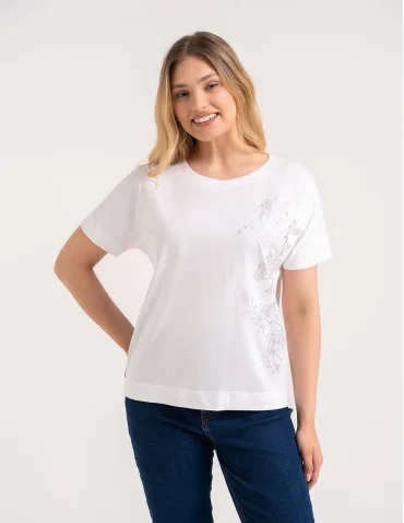 Bluzki z krótkim rękawem - Bluzka damska kimono bawełniana krój boxy z opadającym rękawem delikatny nadruk kwiatowy luźny t-shirt damski BIAŁY - produkt 1