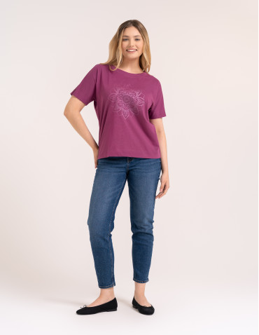 Bluzki z krótkim rękawem - Bluzka damska kimono bawełniana krój boxy z opadającym rękawem delikatny nadruk kwiatowy luźny t-shirt damski  - produkt 3