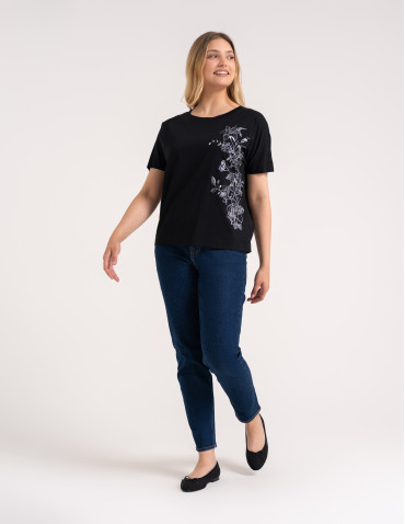 Bluzki z krótkim rękawem - Bluzka damska kimono bawełniana krój boxy z opadającym rękawem delikatny nadruk kwiatowy luźny t-shirt damski BLACK - produkt 4
