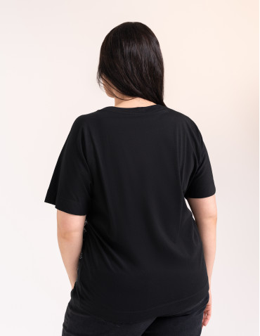 Bluzki z krótkim rękawem - Bluzka damska kimono bawełniana krój boxy z opadającym rękawem delikatny nadruk kwiatowy luźny t-shirt damski BLACK - produkt 9