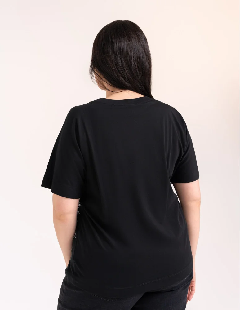 Bluzki z krótkim rękawem - Bluzka damska kimono bawełniana krój boxy z opadającym rękawem delikatny nadruk kwiatowy luźny t-shirt damski CZARNY  - produkt moraj.pl 9