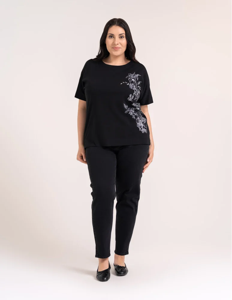 Bluzki z krótkim rękawem - Bluzka damska kimono bawełniana krój boxy z opadającym rękawem delikatny nadruk kwiatowy luźny t-shirt damski CZARNY  - produkt moraj.pl 8