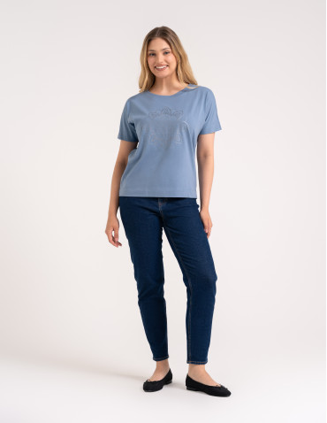 Bluzki z krótkim rękawem - Bluzka damska kimono bawełniana krój boxy z opadającym rękawem delikatny nadruk kwiatowy luźny t-shirt damski BLUE - produkt 5